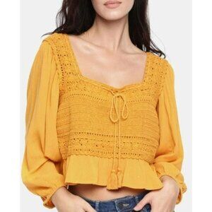 American Eagle Mustard Yellow Crochet Peasant Blouse M